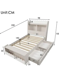 ABRIHOME Betten & Matratzen<Kinderbett in Weiß mit Stauraum Sitzbank und Regal 90x190 cm ohne Matratze