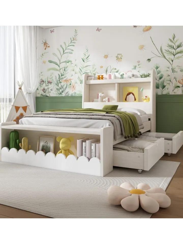 ABRIHOME Betten & Matratzen<Kinderbett in Weiß mit Stauraum Sitzbank und Regal 90x190 cm ohne Matratze