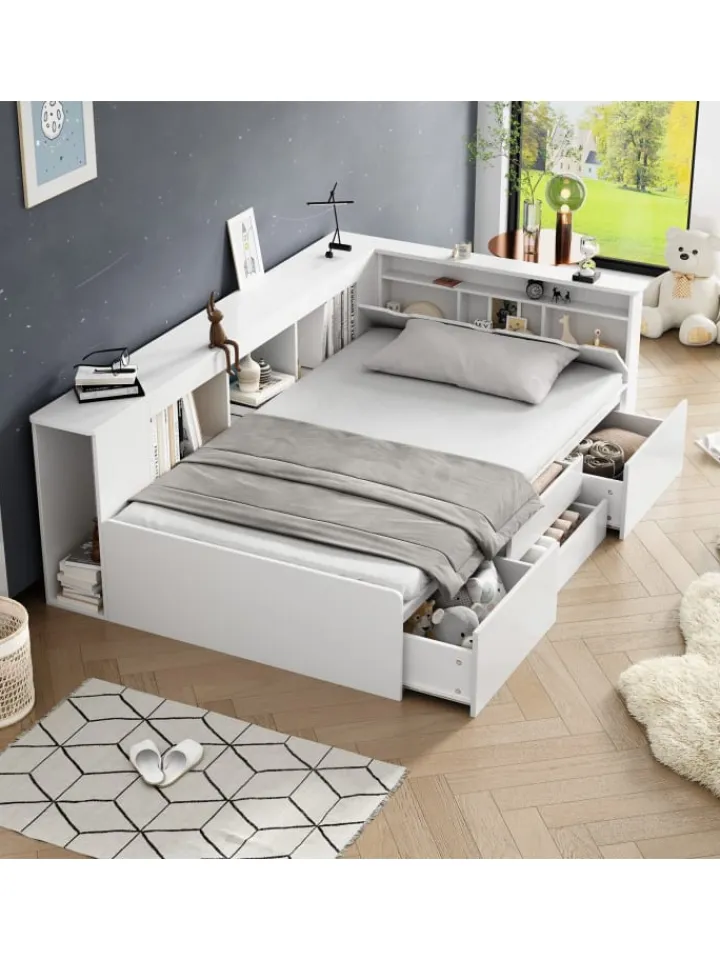 ABRIHOME Betten & Matratzen<Kinderbett in Weiß 90x200 cm mit Schubladen Regal und Bettkasten ohne Matratze