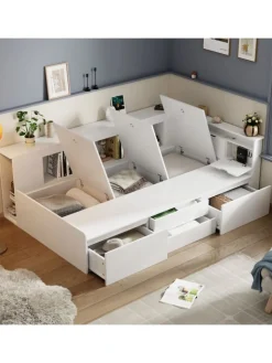 ABRIHOME Betten & Matratzen<Kinderbett in Weiß 90x200 cm mit Schubladen Regal und Bettkasten ohne Matratze
