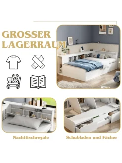 ABRIHOME Betten & Matratzen<Kinderbett in Weiß 90x200 cm mit Schubladen Regal und Bettkasten ohne Matratze