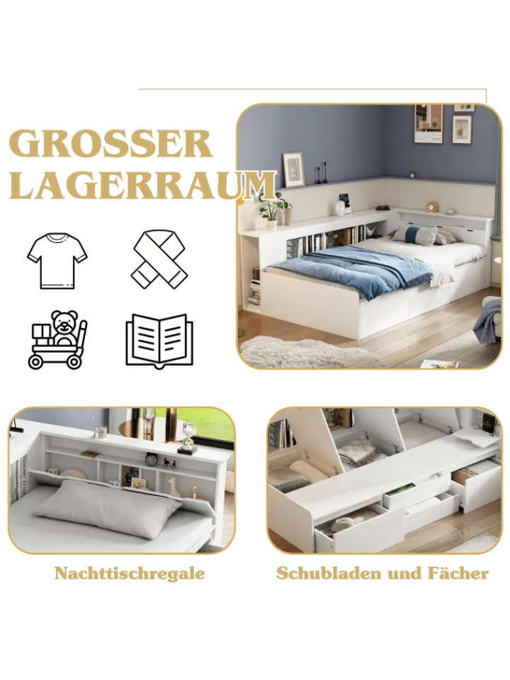 ABRIHOME Betten & Matratzen<Kinderbett in Weiß 90x200 cm mit Schubladen Regal und Bettkasten ohne Matratze