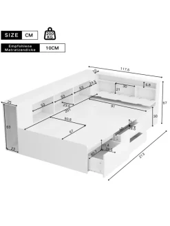 ABRIHOME Betten & Matratzen<Kinderbett in Weiß 90x200 cm mit Schubladen Regal und Bettkasten ohne Matratze
