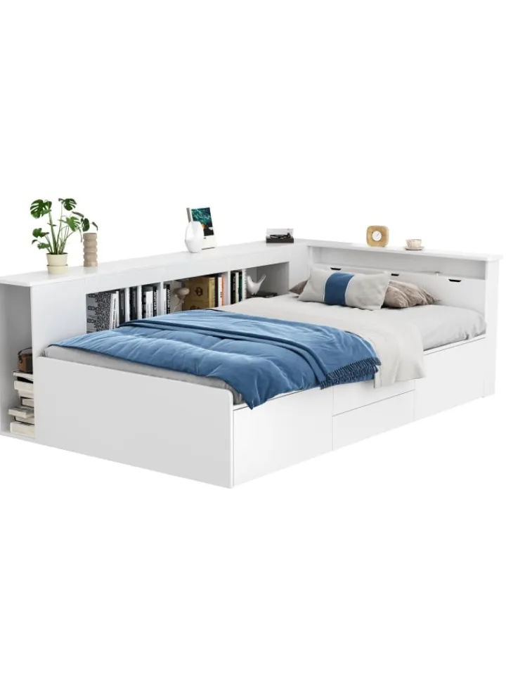 ABRIHOME Betten & Matratzen<Kinderbett in Weiß 90x200 cm mit Schubladen Regal und Bettkasten ohne Matratze