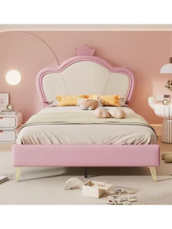 ABRIHOME Betten & Matratzen<Kinderbett Kopfteil mit Krone in Rosa und Weiß, 90x200cm