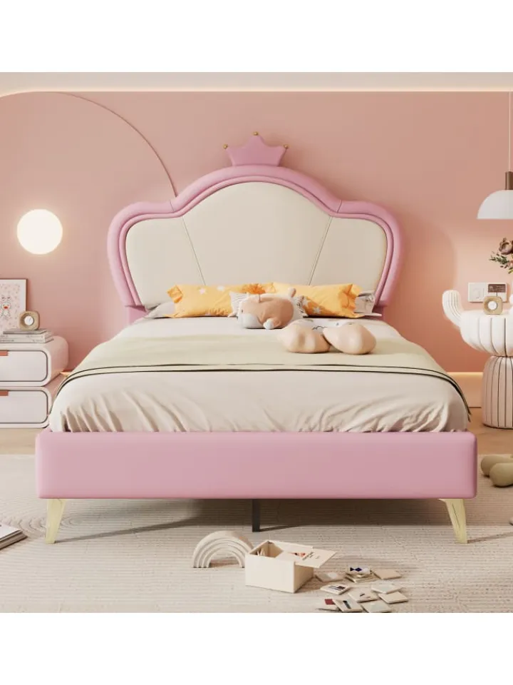 ABRIHOME Betten & Matratzen<Kinderbett Kopfteil mit Krone in Rosa und Weiß, 90x200cm