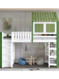 ABRIHOME Betten & Matratzen<Kinderbett mit Fallschutzgitter und Kleiderschrank in Weiß+Grün, 90x200
