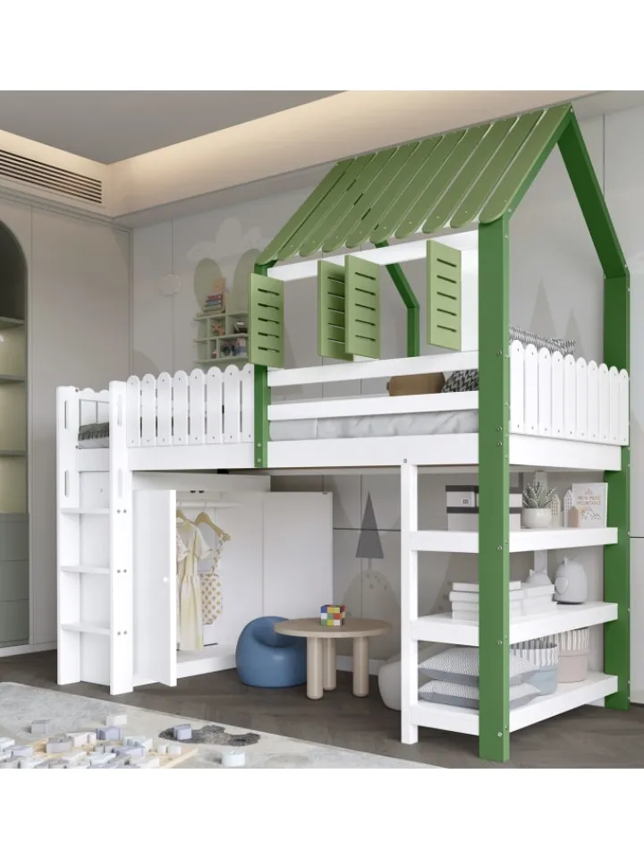 ABRIHOME Betten & Matratzen<Kinderbett mit Fallschutzgitter und Kleiderschrank in Weiß+Grün, 90x200