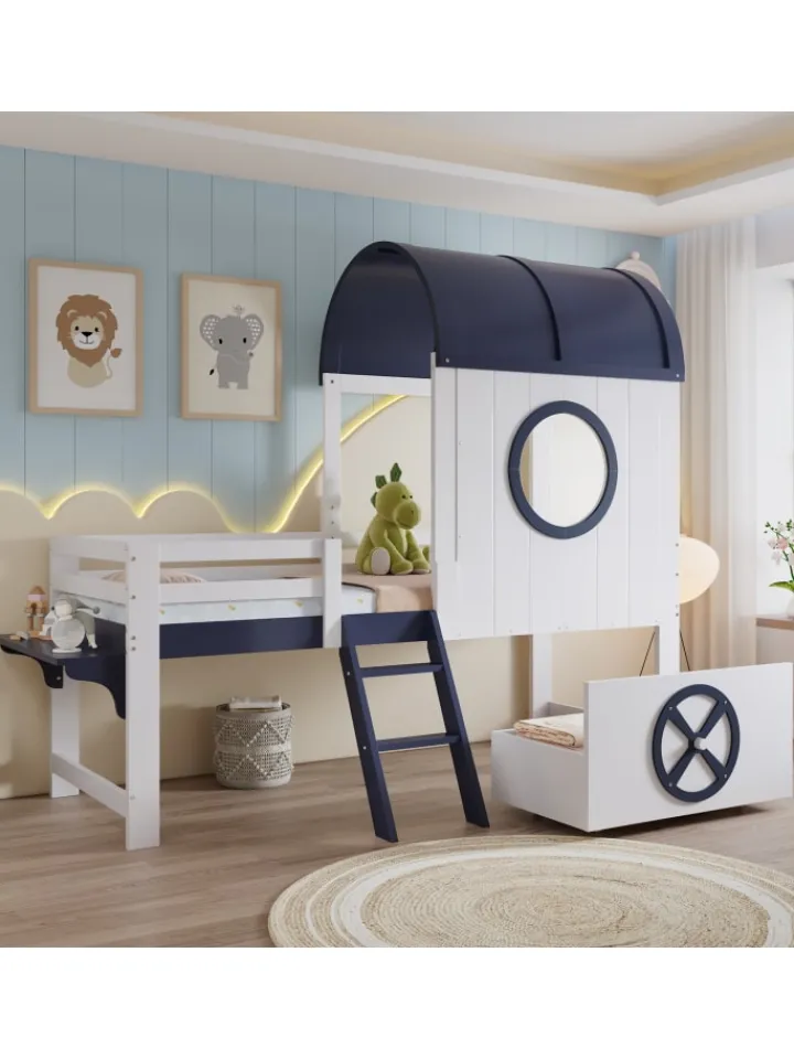 ABRIHOME Betten & Matratzen<Kinderbett mit Rollenschublade und zweistufiger Schrägleiter, 90x200cm