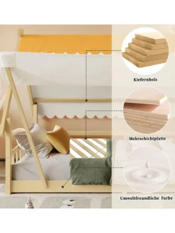 ABRIHOME Betten & Matratzen<Kinderbett mit Sicherheitsgeländer und abnehmbarem Zelt in Natur, 90x200cm