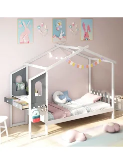 COSTWAY Betten & Matratzen<Kinderbett 90x200cm mit Dach & Schreibtisch in Weiß