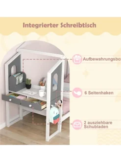COSTWAY Betten & Matratzen<Kinderbett 90x200cm mit Dach & Schreibtisch in Weiß
