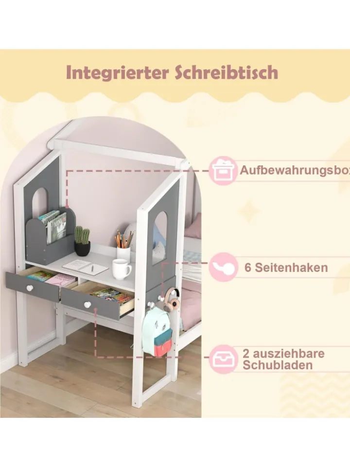 COSTWAY Betten & Matratzen<Kinderbett 90x200cm mit Dach & Schreibtisch in Weiß