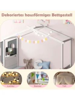 COSTWAY Betten & Matratzen<Kinderbett 90x200cm mit Dach & Schreibtisch in Weiß
