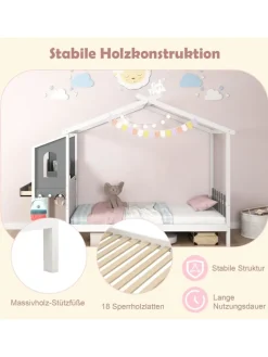 COSTWAY Betten & Matratzen<Kinderbett 90x200cm mit Dach & Schreibtisch in Weiß
