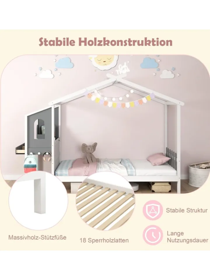 COSTWAY Betten & Matratzen<Kinderbett 90x200cm mit Dach & Schreibtisch in Weiß