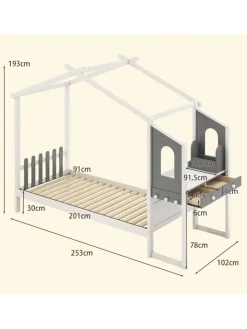 COSTWAY Betten & Matratzen<Kinderbett 90x200cm mit Dach & Schreibtisch in Weiß