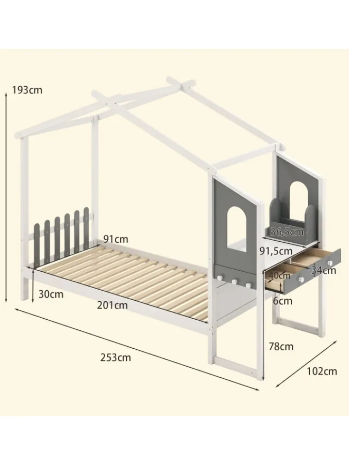 COSTWAY Betten & Matratzen<Kinderbett 90x200cm mit Dach & Schreibtisch in Weiß