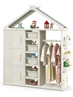 COSTWAY Kindermöbel|Regale & Schränke<Kinderregal in Hausform mit Kleiderstange in Weiß