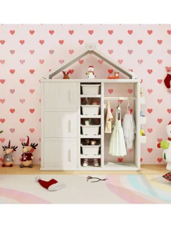 COSTWAY Kindermöbel|Regale & Schränke<Kinderregal in Hausform mit Kleiderstange in Weiß