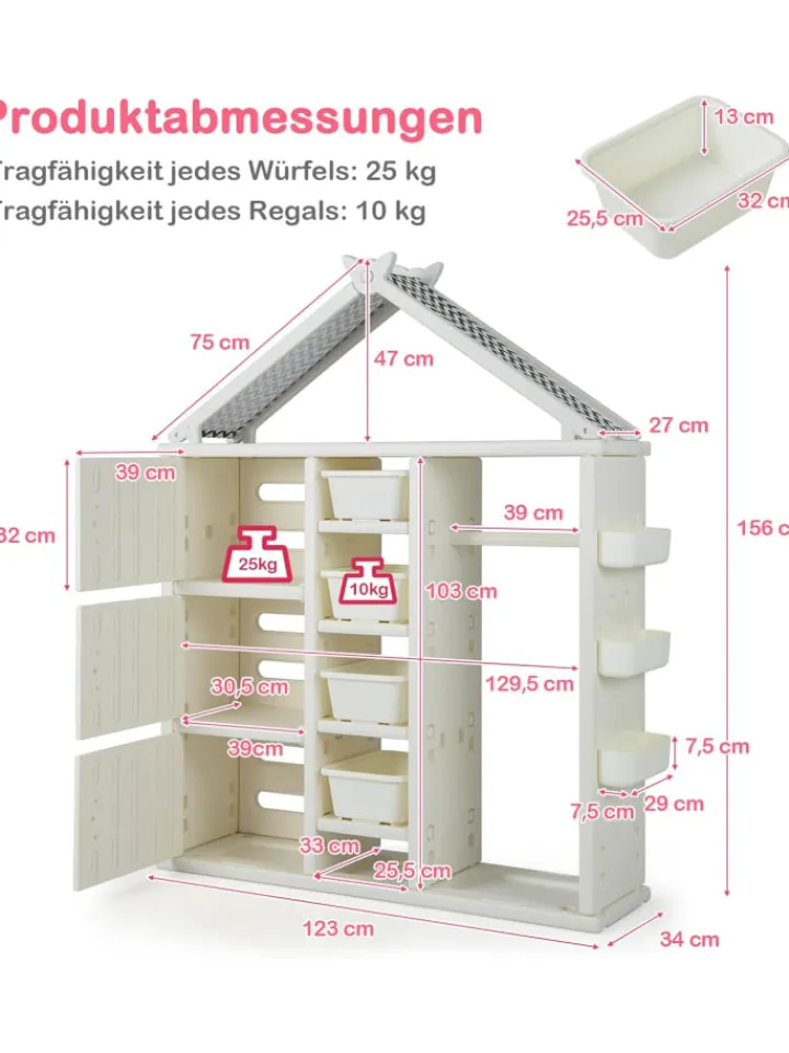 COSTWAY Kindermöbel|Regale & Schränke<Kinderregal in Hausform mit Kleiderstange in Weiß