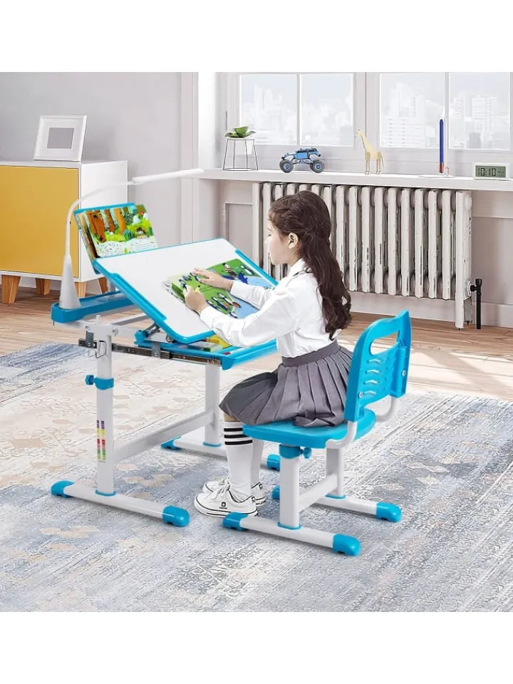 COSTWAY Kindermöbel<Kinderschreibtisch Set mit Licht ab 4 Jahren in Blau