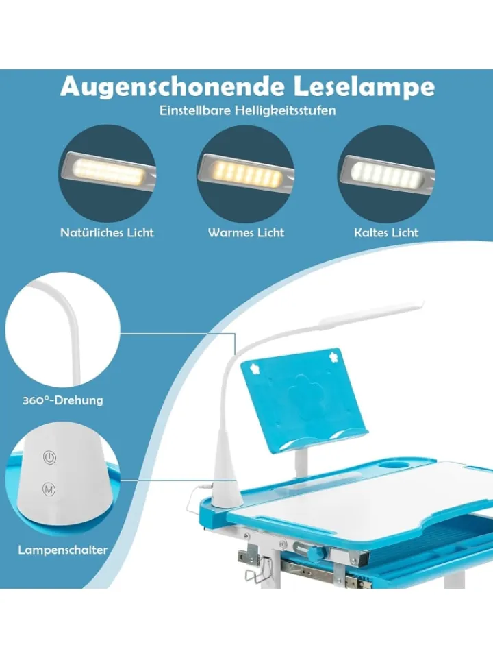 COSTWAY Kindermöbel<Kinderschreibtisch Set mit Licht ab 4 Jahren in Blau