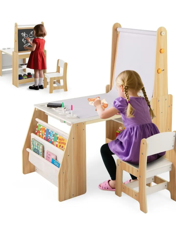 COSTWAY Kindermöbel|Möbel-Sets<Kindertisch mit Stuhl & Staffelei in Hellbraun