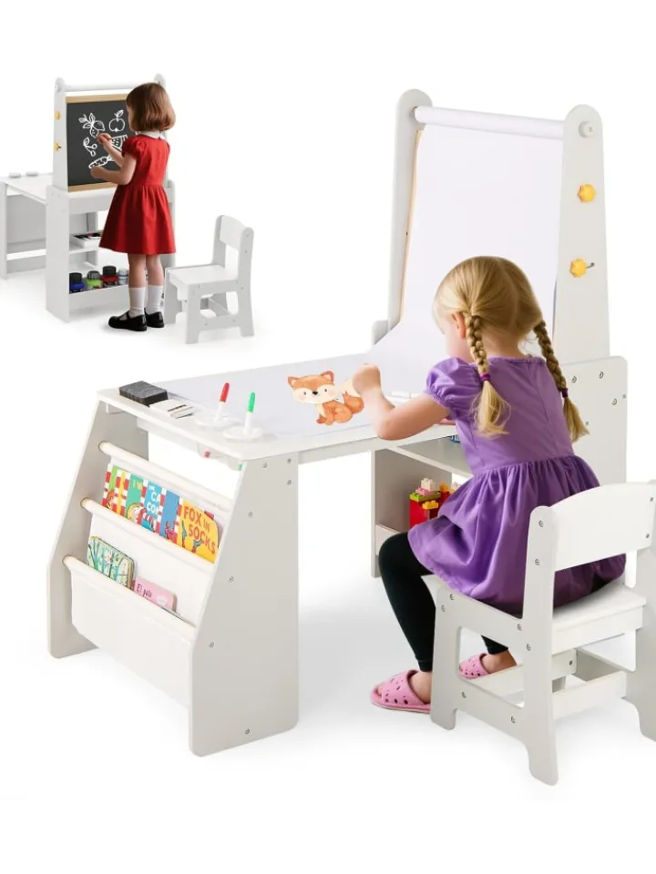 COSTWAY Möbel-Sets<Kindertisch mit Stuhl & Staffelei in Grau