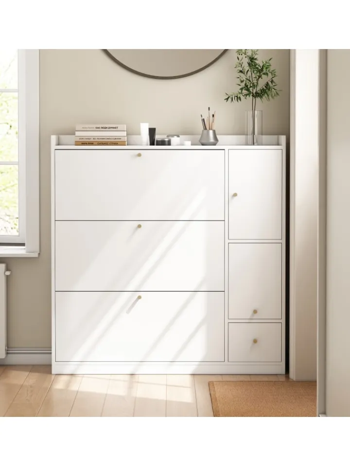 ABRIHOME Garderoben<Kipp-Schuhschrank in Weiß mit 3 Klappschubladen und Sitzbank 119x24x122 cm