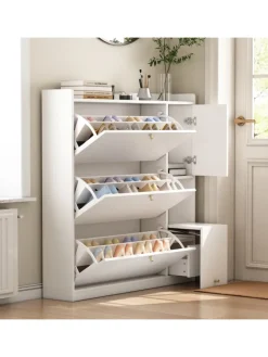 ABRIHOME Garderoben<Kipp-Schuhschrank in Weiß mit 3 Klappschubladen und Sitzbank 119x24x122 cm