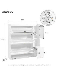 ABRIHOME Garderoben<Kipp-Schuhschrank in Weiß mit 3 Klappschubladen und Sitzbank 119x24x122 cm