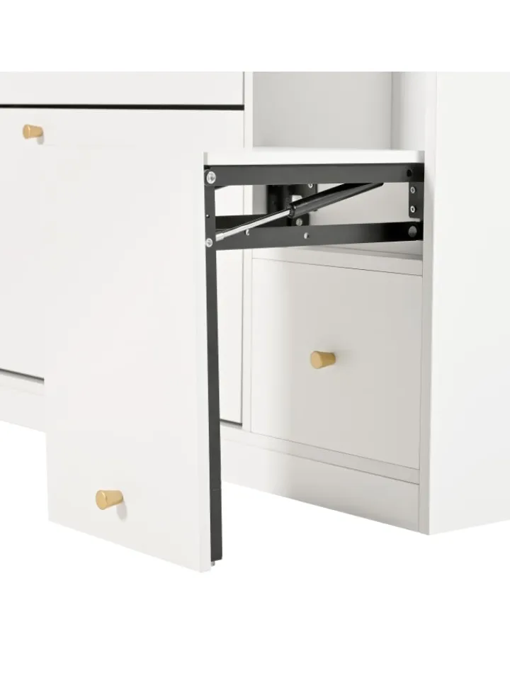 ABRIHOME Garderoben<Kipp-Schuhschrank in Weiß mit 3 Klappschubladen und Sitzbank 119x24x122 cm