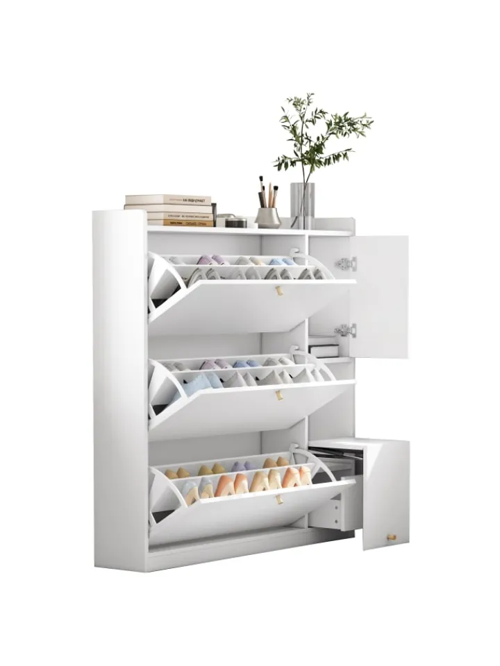 ABRIHOME Garderoben<Kipp-Schuhschrank in Weiß mit 3 Klappschubladen und Sitzbank 119x24x122 cm