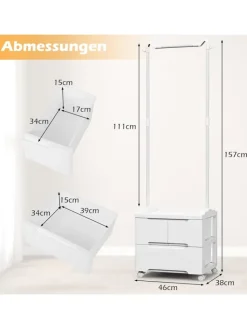 COSTWAY Garderoben|Regale & Schränke<Kleiderständer mit 3 Schubladen in Weiß