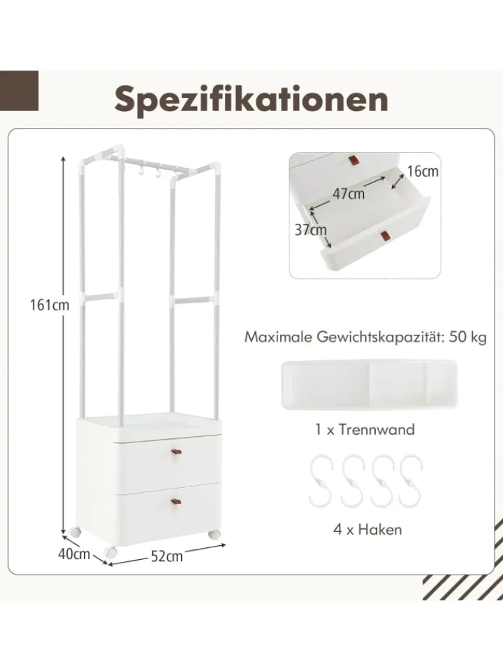 COSTWAY Garderoben|Regale & Schränke<Kleiderständer mit 2 Schubladen 52 x 40 x 161 cm in Weiß