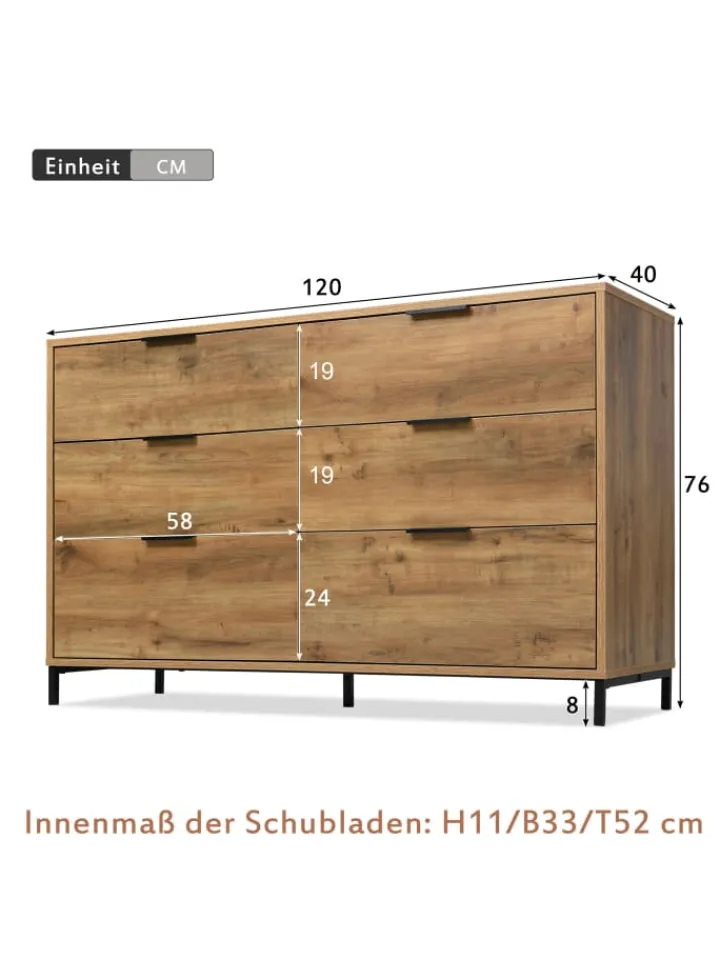 ABRIHOME Regale & Schränke<Kommode in Dunkleiche mit 6 Schubladen, 120x40x76 cm