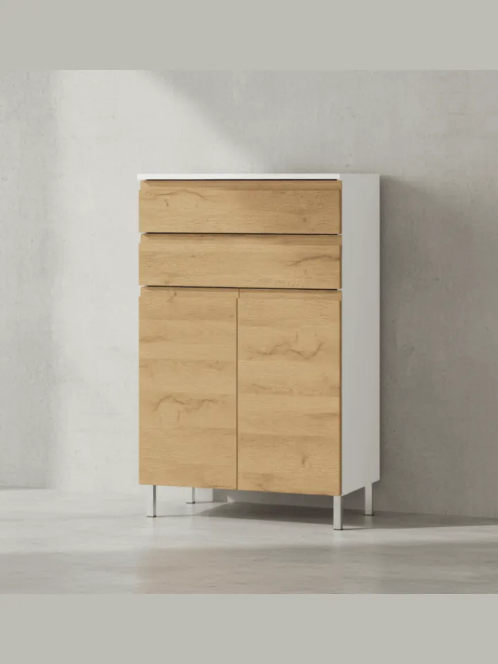 KADIMA DESIGN Badmöbel<Kommode mit Schubladen, 60x34x97 cm, Badezimmerschrank, Weiß/Braun