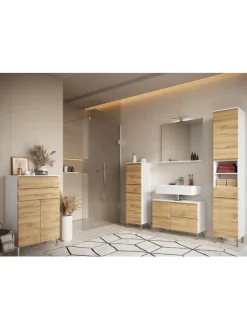 KADIMA DESIGN Badmöbel<Kommode mit Schubladen, 60x34x97 cm, Badezimmerschrank, Weiß/Braun