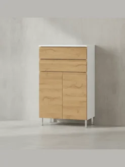 KADIMA DESIGN Badmöbel<Kommode mit Schubladen, 60x34x97 cm, Badezimmerschrank, Weiß/Braun