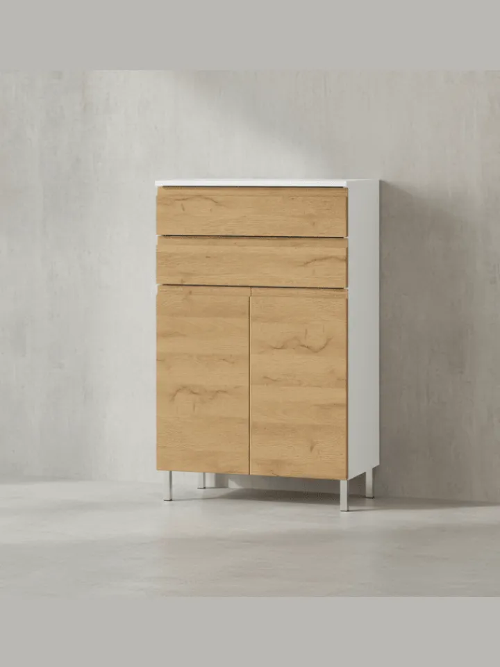 KADIMA DESIGN Badmöbel<Kommode mit Schubladen, 60x34x97 cm, Badezimmerschrank, Weiß/Braun