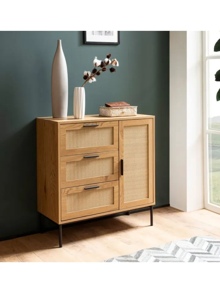 KADIMA DESIGN Regale & Schränke<Kommode 80x82x36 cm Flurkommode Eiche-Dekor & Rattan, Sideboard mit