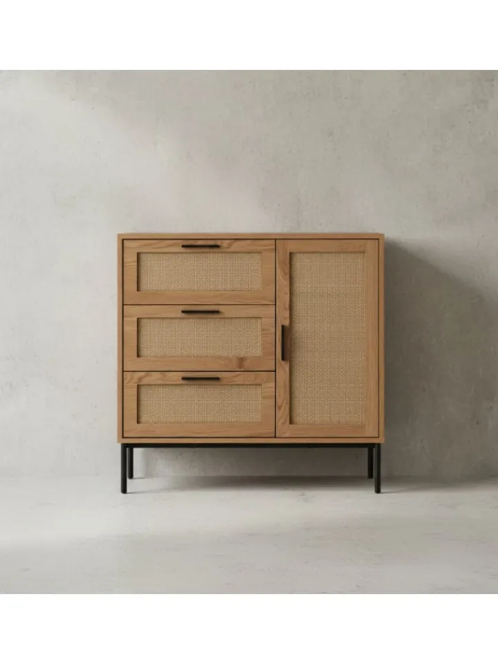 KADIMA DESIGN Regale & Schränke<Kommode 80x82x36 cm Flurkommode Eiche-Dekor & Rattan, Sideboard mit