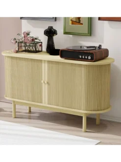 ABRIHOME Regale & Schränke<Lamellen Schrank Sideboard mit Schiebetüren und Kiefernholzbeinen in Naturholz