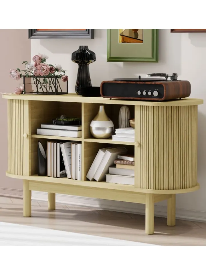 ABRIHOME Regale & Schränke<Lamellen Schrank Sideboard mit Schiebetüren und Kiefernholzbeinen in Naturholz