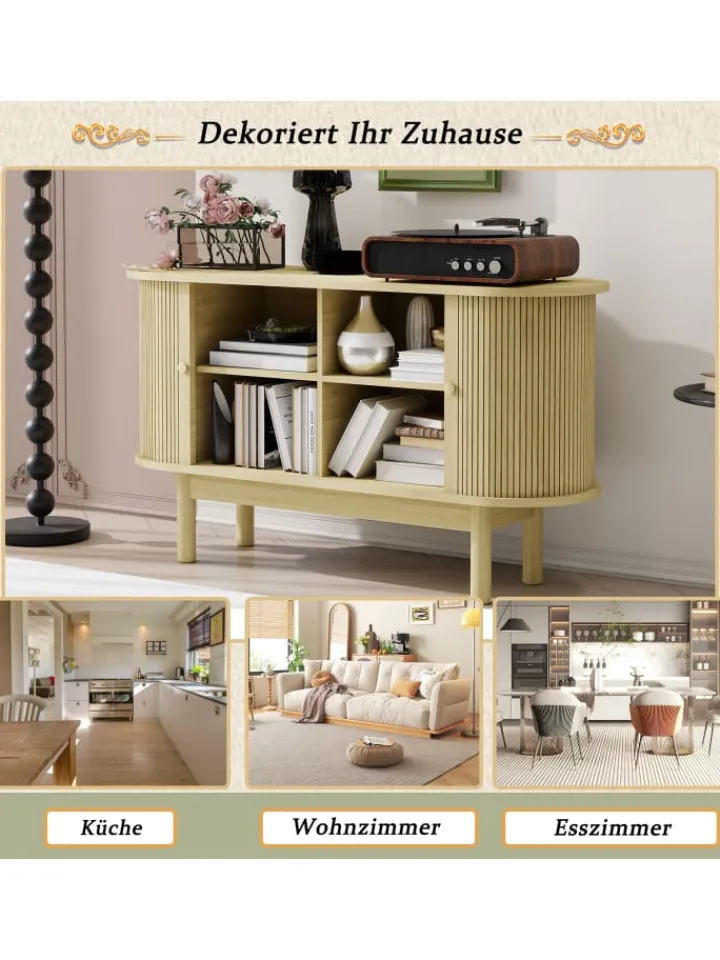 ABRIHOME Regale & Schränke<Lamellen Schrank Sideboard mit Schiebetüren und Kiefernholzbeinen in Naturholz