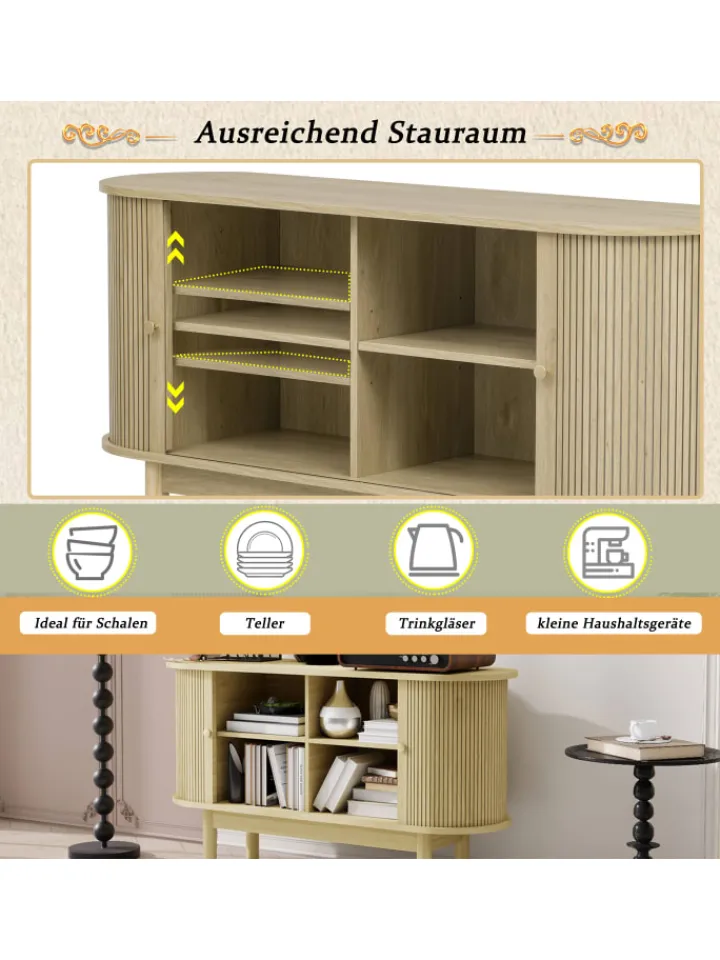 ABRIHOME Regale & Schränke<Lamellen Schrank Sideboard mit Schiebetüren und Kiefernholzbeinen in Naturholz