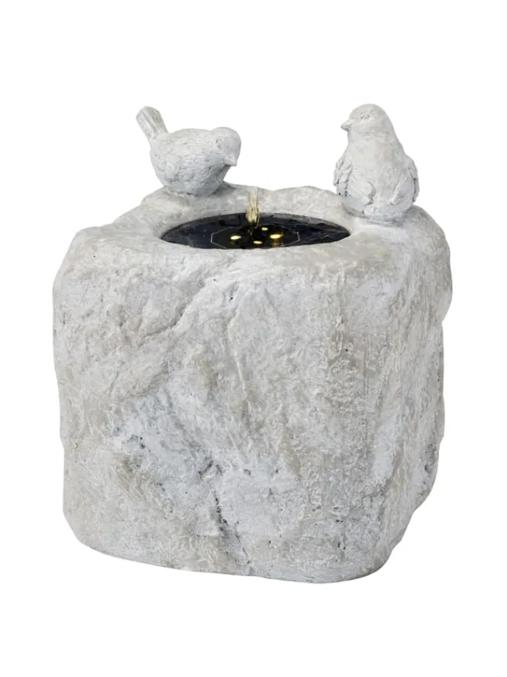MARELIDA Gartendekoration<LED Solar Brunnen mit Vögelchen Zierbrunnen Tränke H: 34cm in grau
