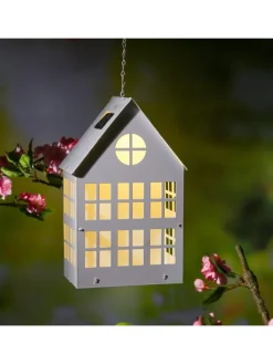 MARELIDA Gartendekoration<LED Solar Haus Lichthaus DIY Deko Laterne Metall H: 28cm Lichtsensor in weiß