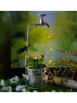MARELIDA Lichterketten & Dekobeleuchtung<LED Solar Wasserhahn mit Blumentopf Gartendeko H: 60cm silber